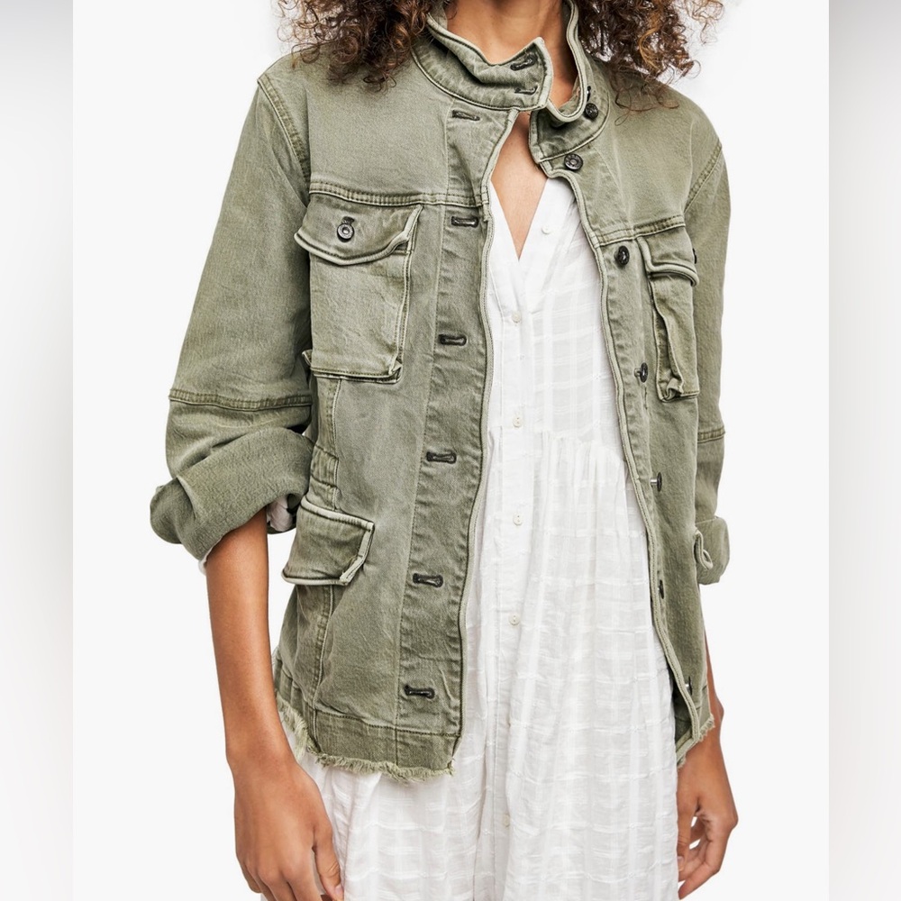 Free People Harley Washed Olive Green Military Shirt Jacket, L